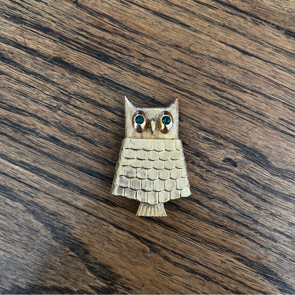 vintage • avon • gold and crystal owl perfume brooch pin perfume holder